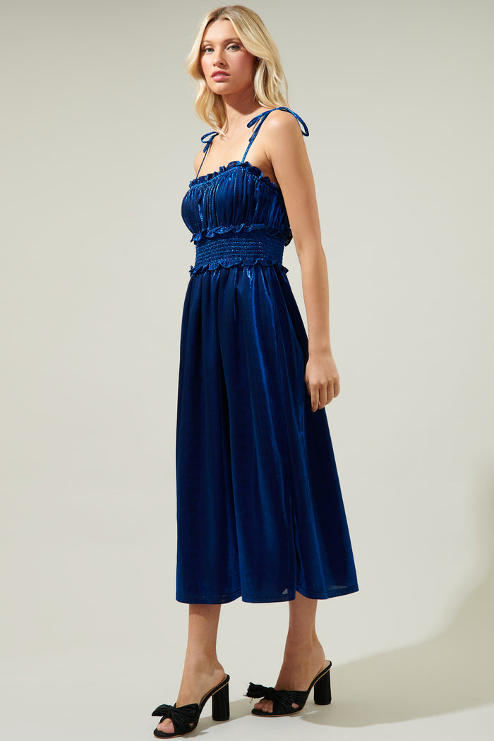 Lurelle Smocked Waist Tie Strap Poplin Midi Dress