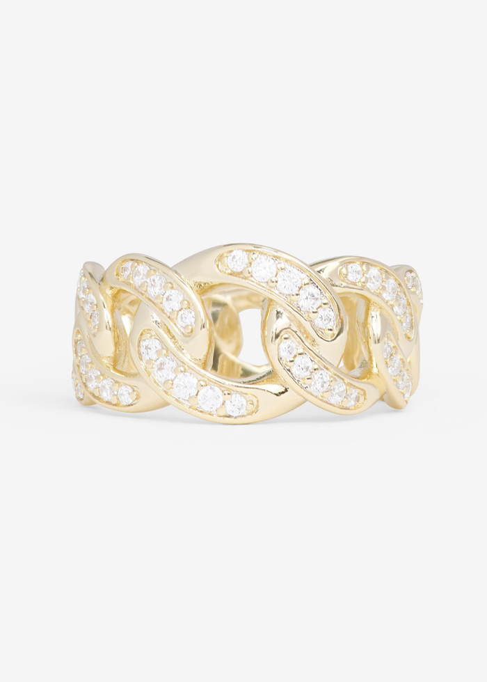 Thick gold chain ring with pave simulated diamonds on a white background