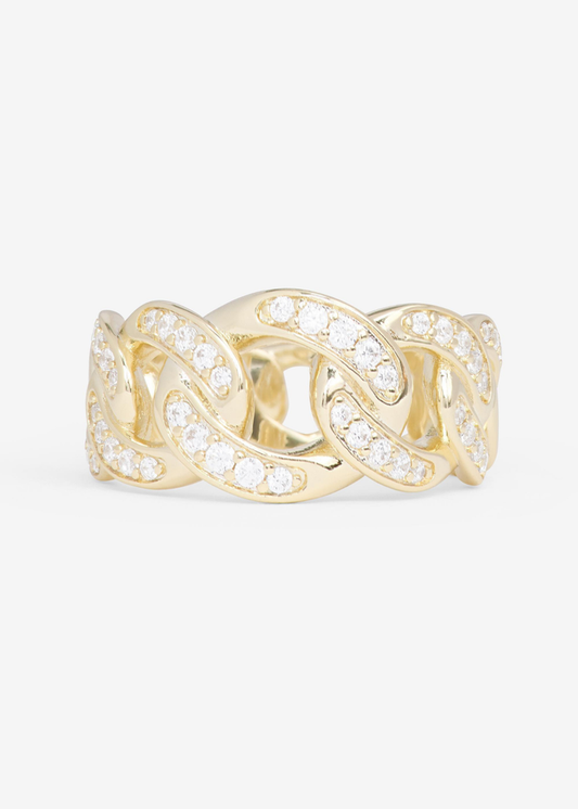 Thick gold chain ring with pave simulated diamonds on a white background