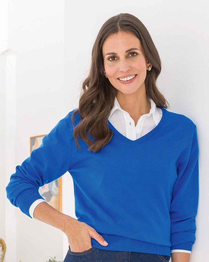 Merino V neck Sweater Ladies - Azure - The Classic Boutique