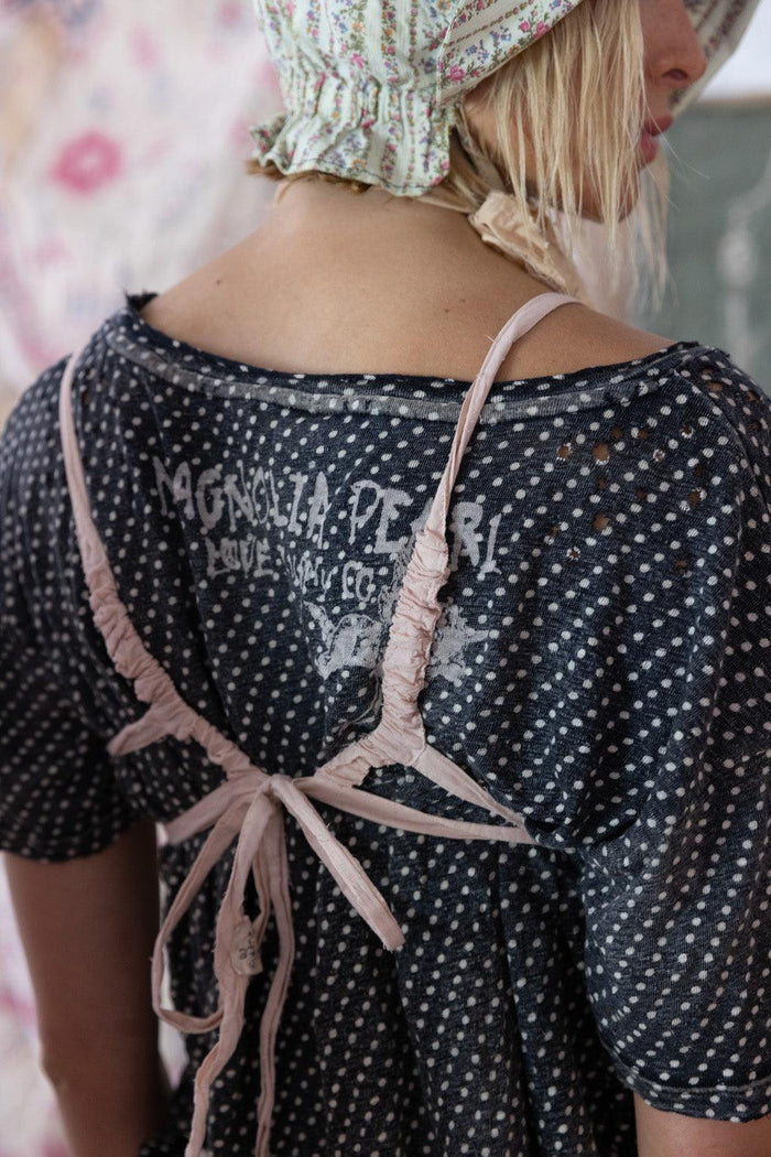 Magnolia Pearl artisan polka dot dress with whimsical ties, vintage style, floral bonnet