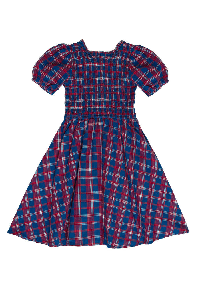 Red and blue plaid dress on a white background