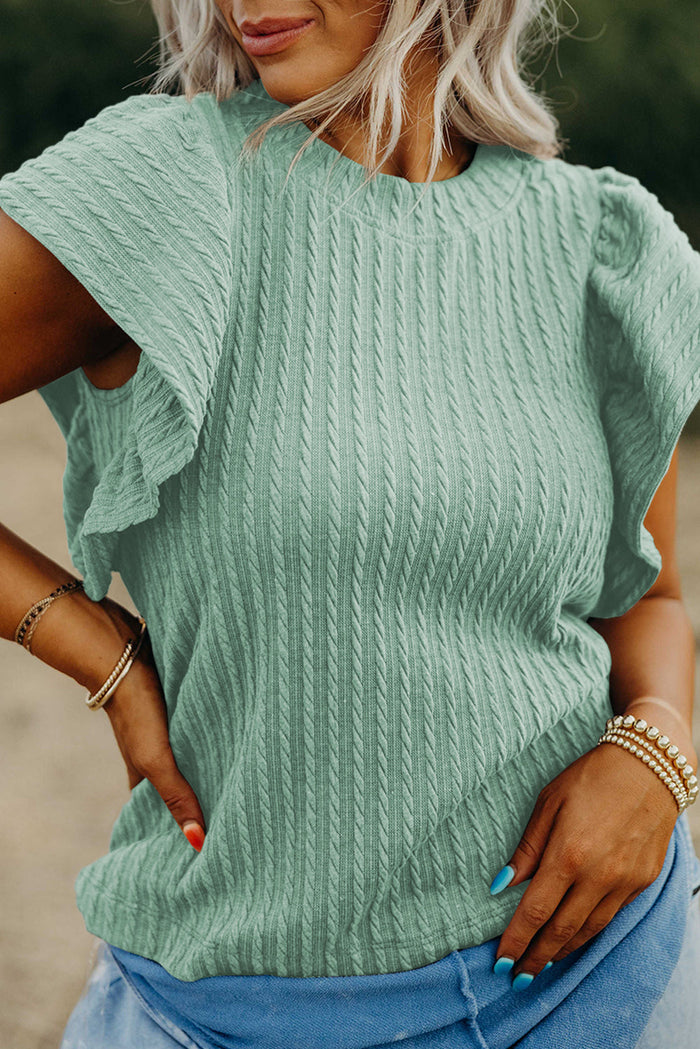 Moonlight Jade Solid Colour Textured Flutter Sleeve Top - S / 95% Polyester + 5% Elastane - Tops/Blouses & Shirts