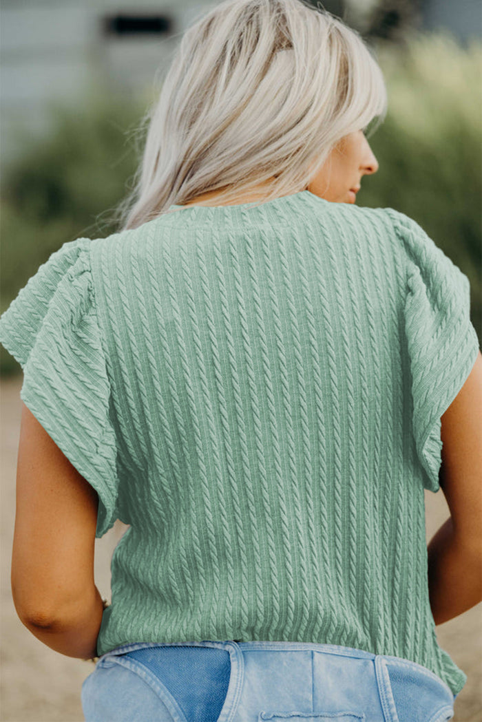 Moonlight Jade Solid Colour Textured Flutter Sleeve Top - Tops/Blouses & Shirts