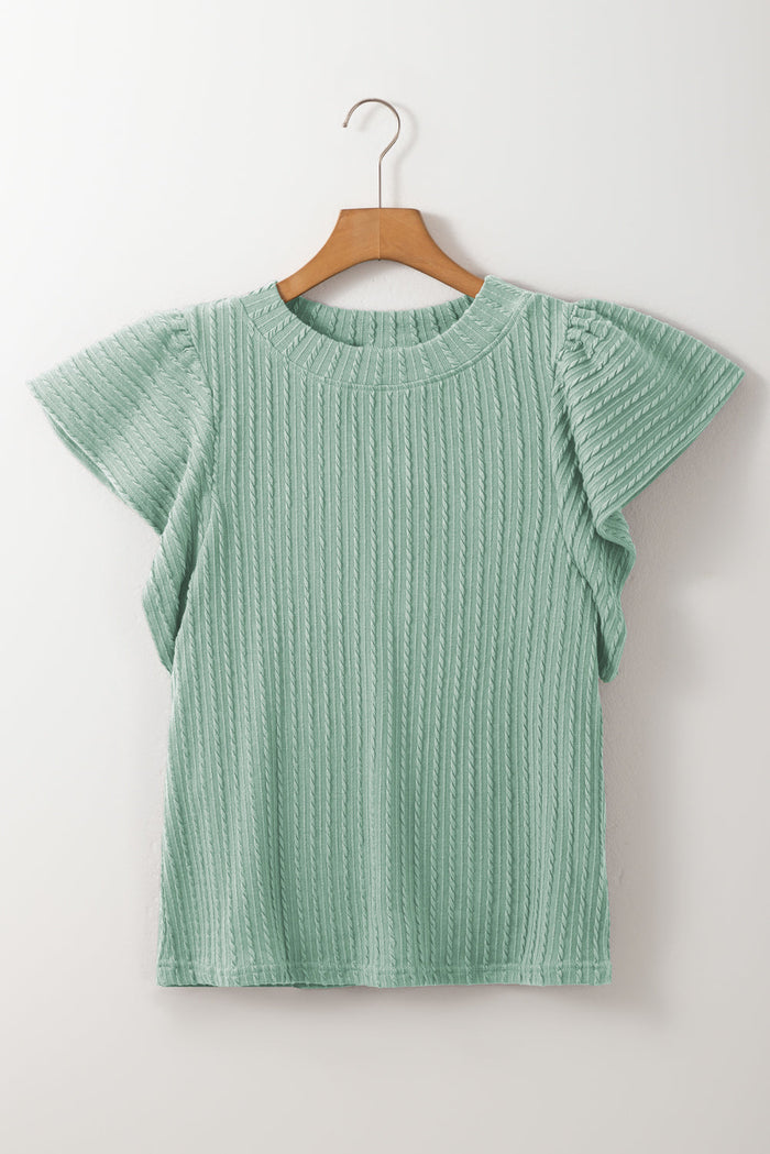 Moonlight Jade Solid Colour Textured Flutter Sleeve Top - Tops/Blouses & Shirts