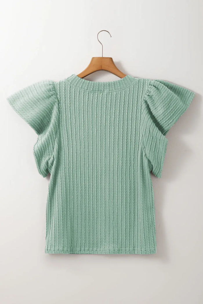 Moonlight Jade Solid Colour Textured Flutter Sleeve Top - Tops/Blouses & Shirts