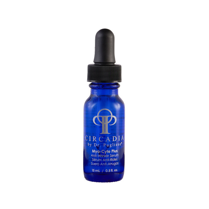 Blue glass dropper bottle of Myo-Cyte Plus | Circadia anti-wrinkle serum for skincare and wellness supplements.