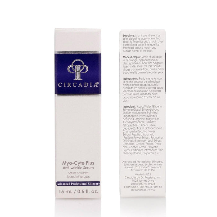 Myo-Cyte Plus | Circadia anti-wrinkle serum packaging in white with blue branding, featuring product name, usage directions, and ingredient information for professional skincare.