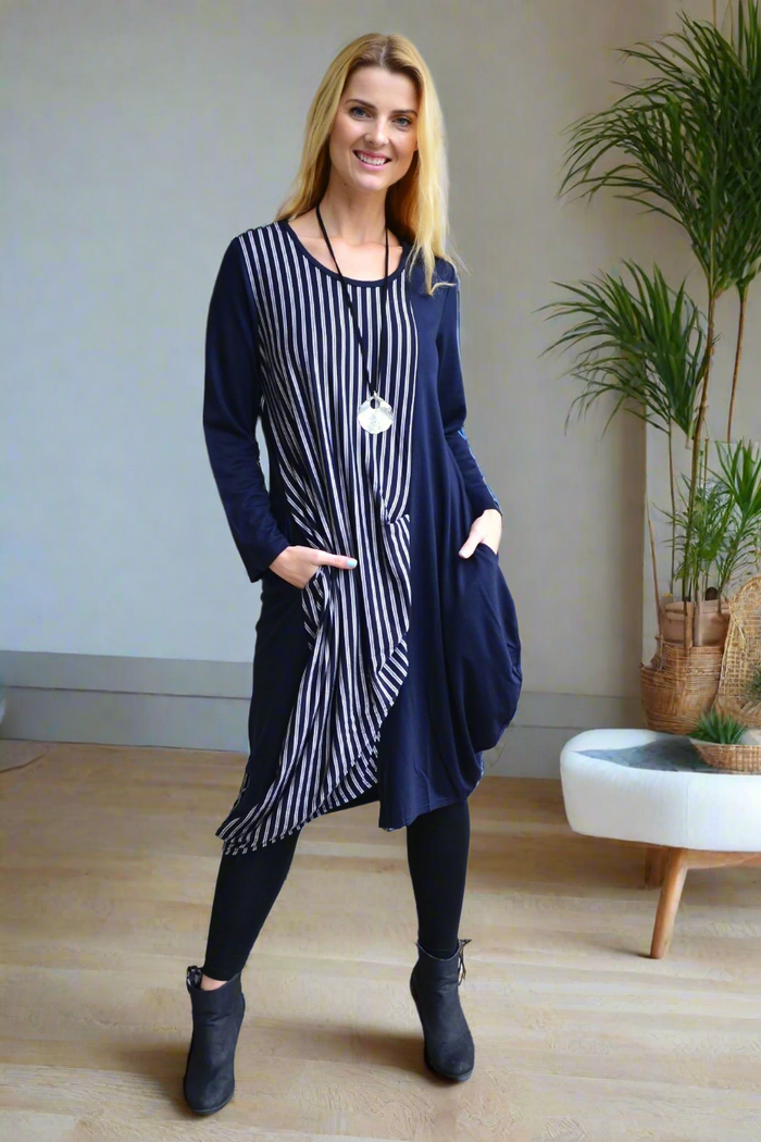 Navy 3/4 sleeve stripe jersey tunic dress by Whispers, featuring a relaxed fit and stylish horizontal stripe pattern.