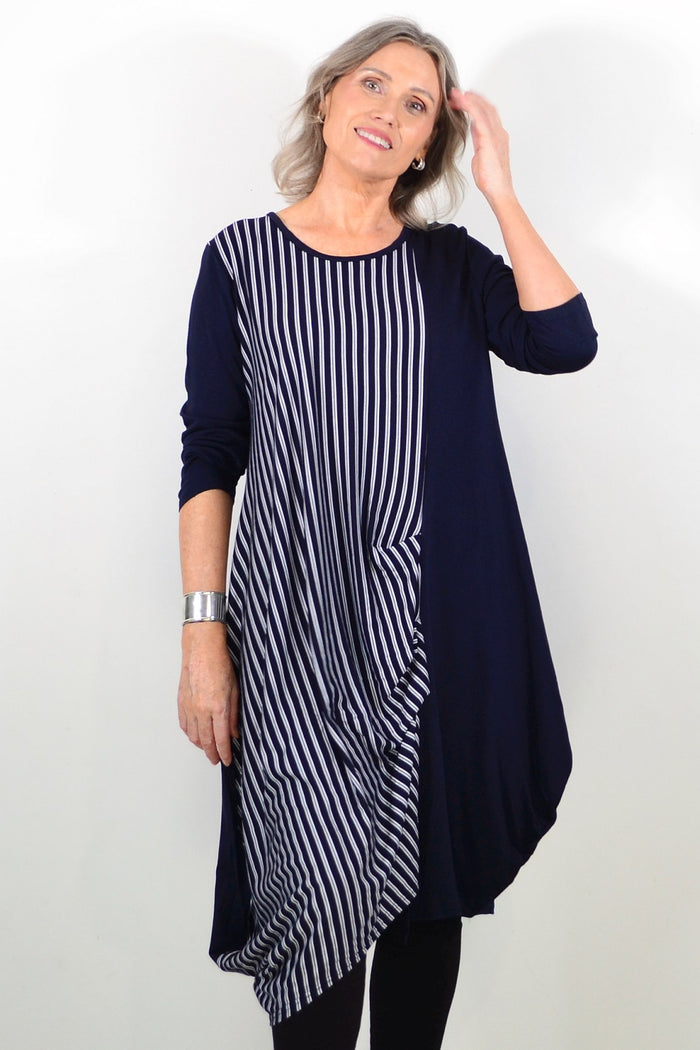 Navy 3/4 sleeve stripe jersey tunic dress by Whispers, shown on a model with a relaxed fit and casual style.