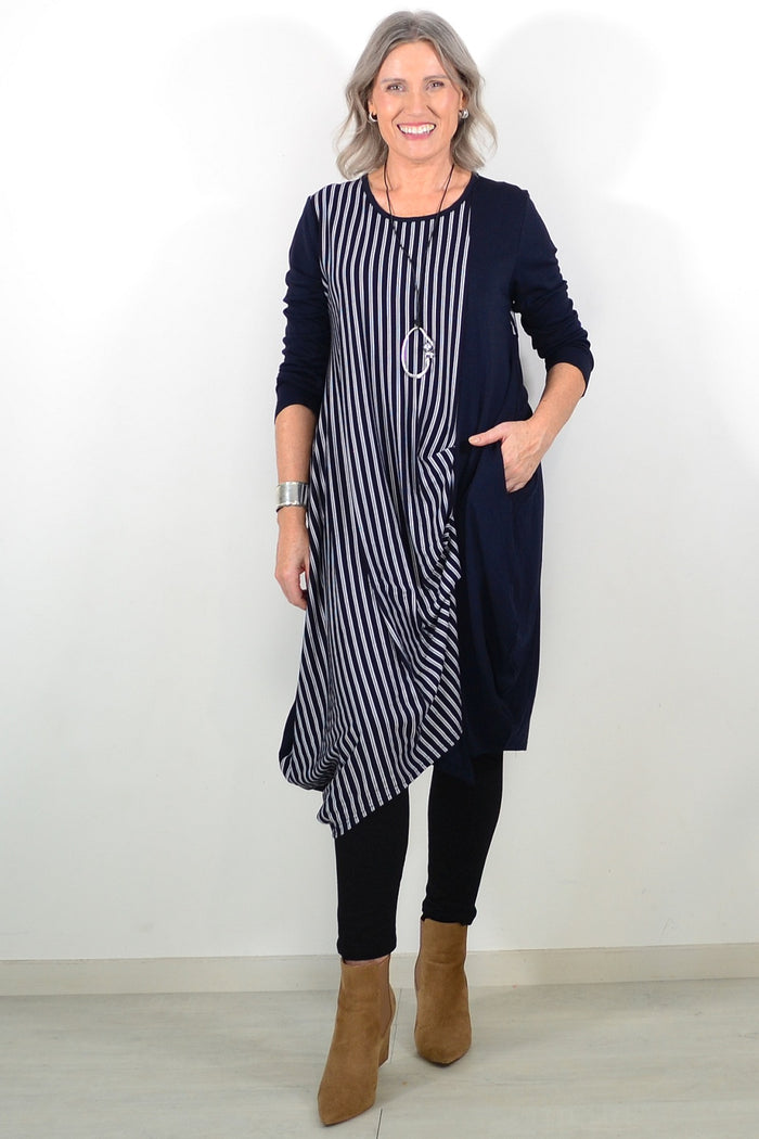 Navy 3/4 sleeve stripe jersey tunic dress by Whispers, featuring a comfortable fit and stylish stripe pattern.