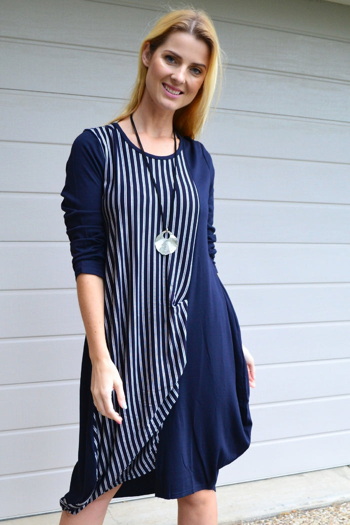 Navy 3/4 sleeve stripe jersey tunic dress by Whispers, featuring a relaxed fit and stylish horizontal stripes.