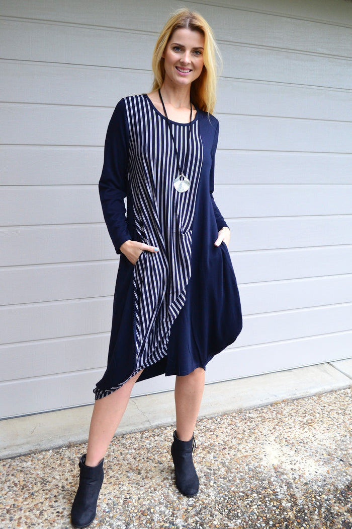 Navy stripe jersey tunic dress with 3/4 sleeves from Whispers, casual and comfortable women's tunic for everyday wear.
