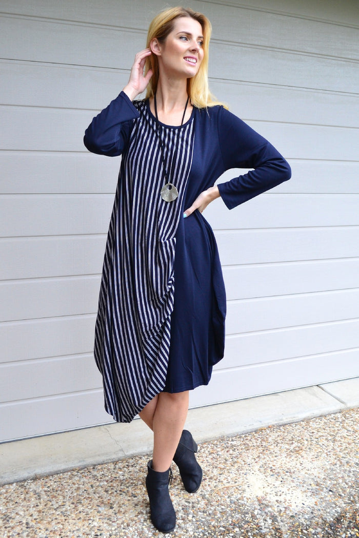 Navy 3/4 sleeve stripe jersey tunic dress by Whispers, featuring a relaxed fit, nautical stripes, and a comfortable casual style.