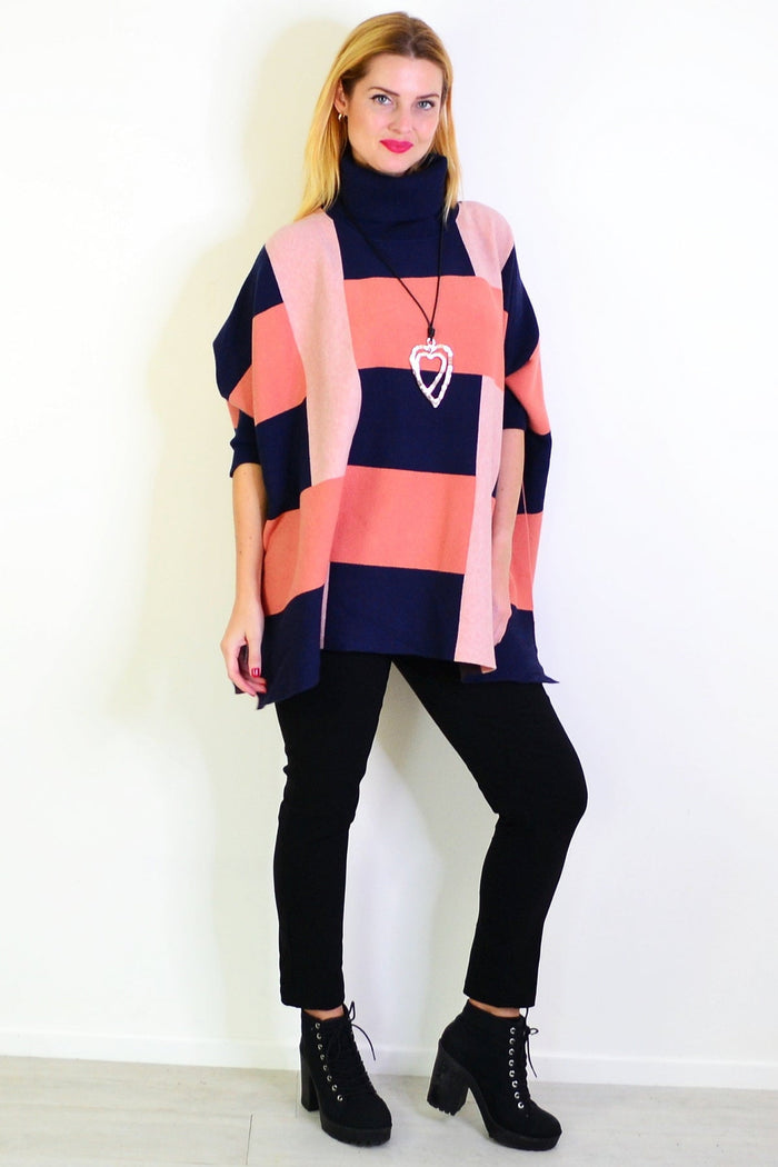 Navy pink free size cardigan poncho from Caroline Morgan, styled as a casual tunic with a relaxed fit and soft fabric.
