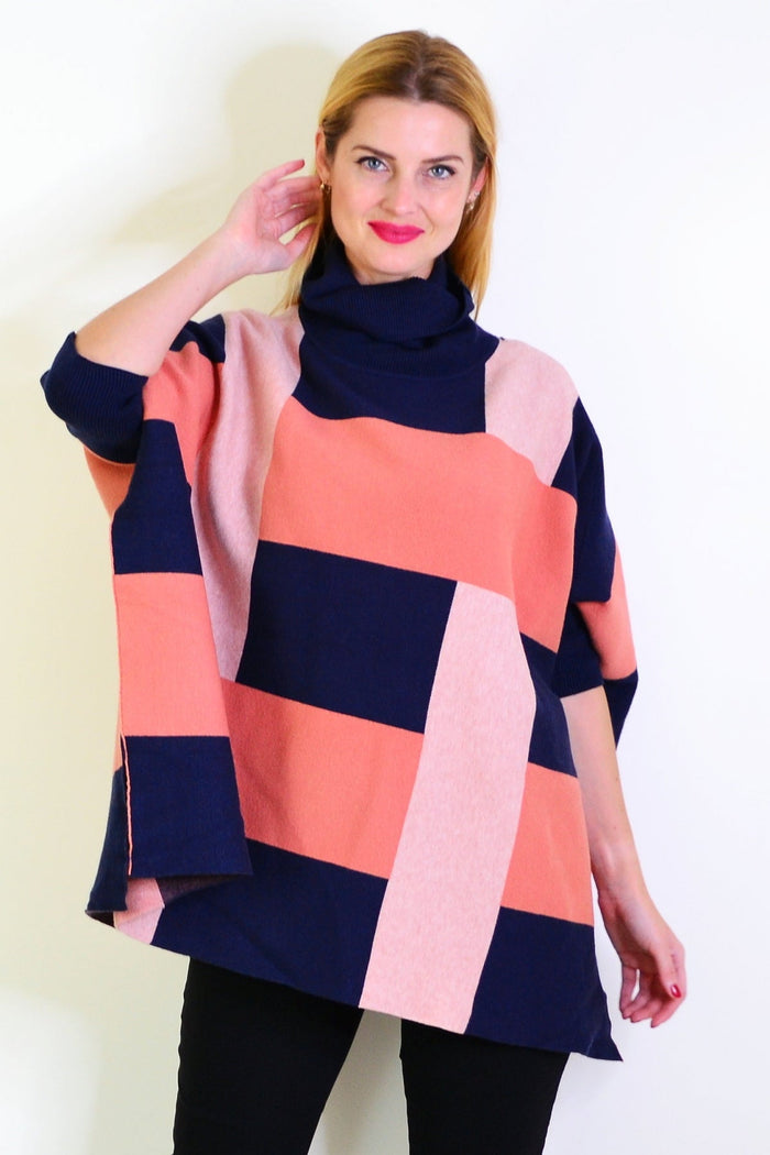 Navy pink free size cardigan poncho by Caroline Morgan, stylish tunic with soft fabric and relaxed fit, sleeveless design.