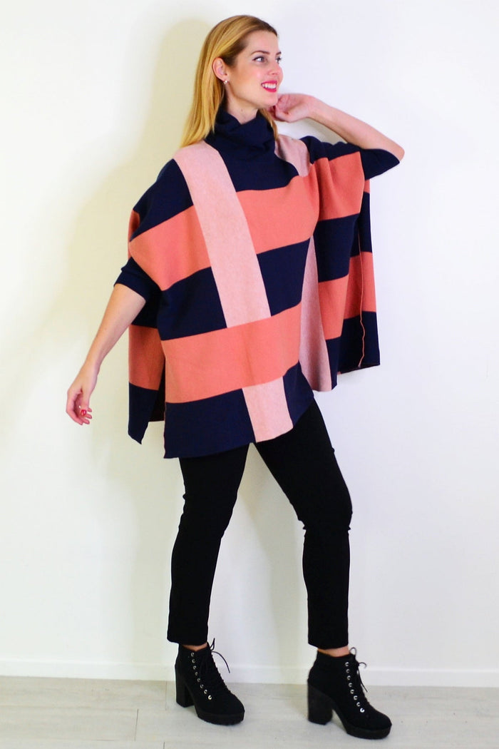 Navy pink free size cardigan poncho from Caroline Morgan, stylish tunic with cozy knit fabric, draped design, and versatile fit.