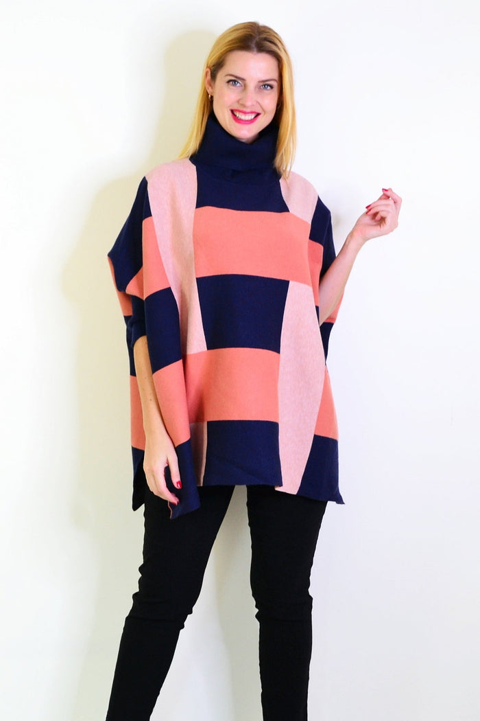 Navy pink Caroline Morgan free size cardigan poncho worn as a tunic, featuring soft knit fabric and relaxed fit.