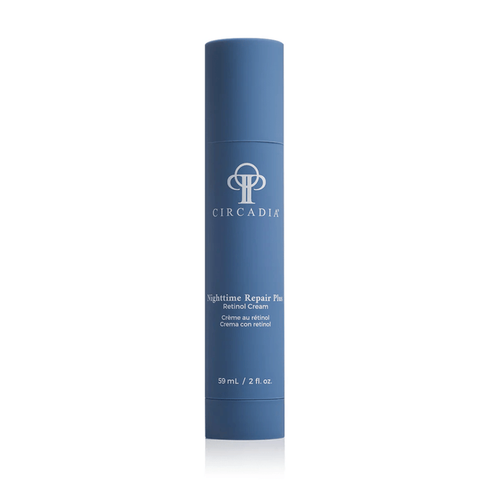 Blue cylindrical bottle of Nighttime Repair Plus | Circadia retinol cream for skincare, featuring simple branding and a clean, minimalist design.