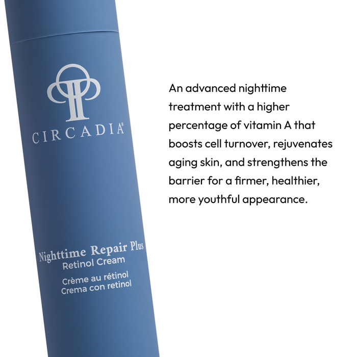 Blue bottle of Nighttime Repair Plus | Circadia retinol cream next to text describing its advanced nighttime treatment that boosts cell turnover, rejuvenates aging skin, and strengthens the skin barrier for a firmer, healthier appearance.