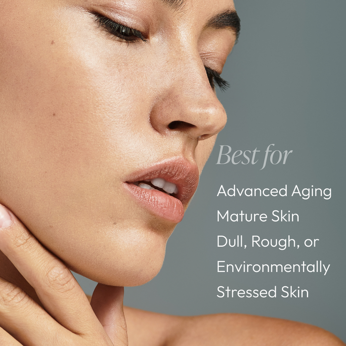 Close-up of a woman with smooth skin gently touching her face, highlighting skincare for advanced aging and mature skin, promoting Nighttime Repair Plus | Circadia.