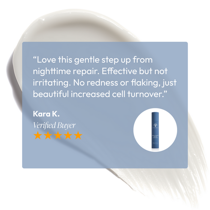 Customer review highlighting gentle, effective skincare benefits of Nighttime Repair Plus | Circadia with visible product packaging and soothing cream texture background.