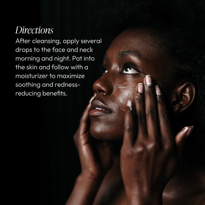 Woman gently applying skincare product to her face with directions text for Nighttime Repair Plus | Circadia, emphasizing application on face and neck for soothing and redness-reducing benefits in a skincare routine.