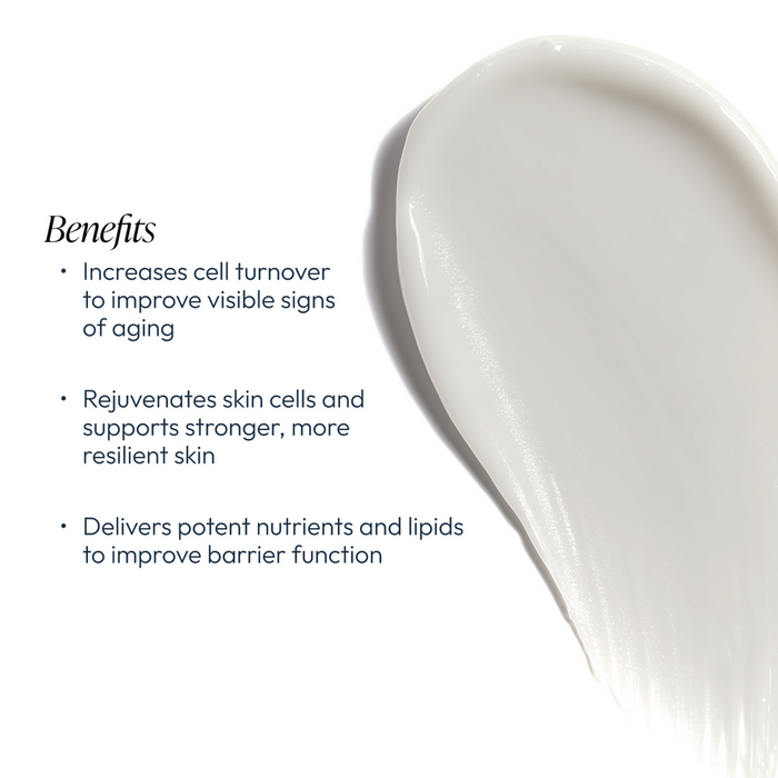 Close-up of creamy white skincare product texture highlighting benefits of Nighttime Repair Plus | Circadia to increase cell turnover, rejuvenate skin, and improve barrier function.