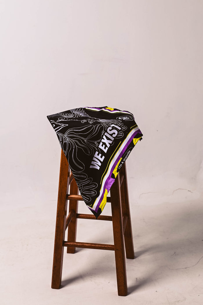 Nonbinary bandana in black, purple, white and yellow