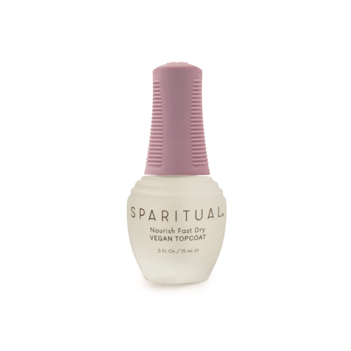 Bottle of Nourish Fast Dry Vegan Topcoat | Sparitual with a light pink textured cap and frosted glass body designed for quick-drying nail care.