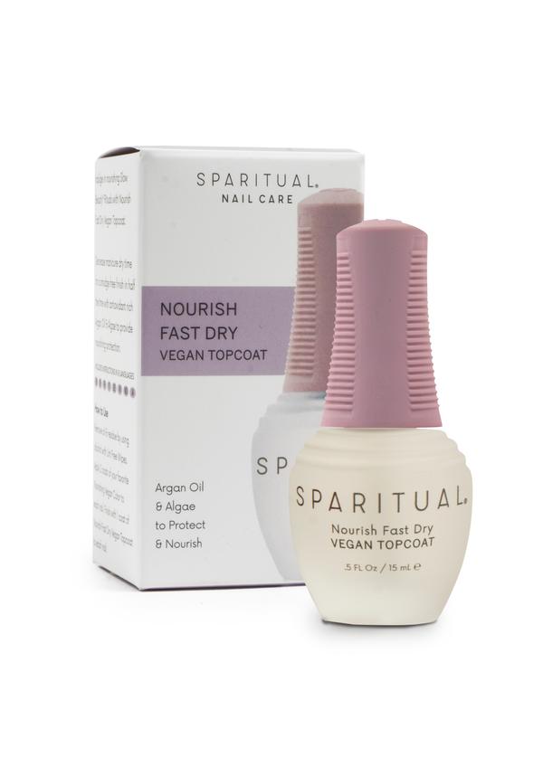 Bottle and box of Nourish Fast Dry Vegan Topcoat | Sparitual nail care product with argan oil and algae for protecting and nourishing nails.