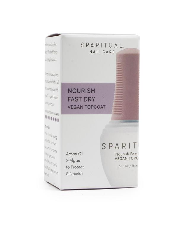 Box of Sparitual nail care product Nourish Fast Dry Vegan Topcoat featuring argan oil and algae to protect and nourish nails, promoting quick-drying and vegan formula.