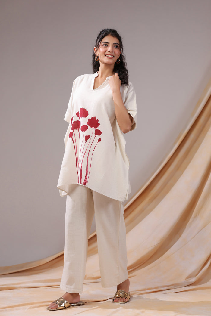 Off-White And Red Floral Print Tunic Cotton Flex Co-ord Set