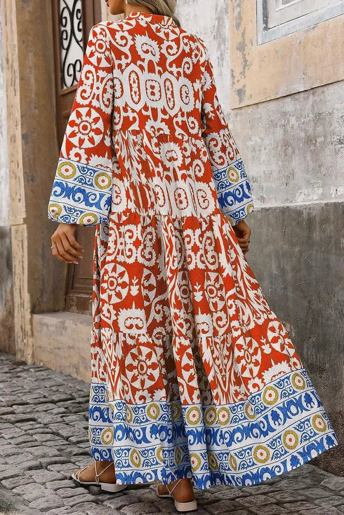 Shop Orange Boho Geometric Printed Long Sleeve Maxi Dress at eAura