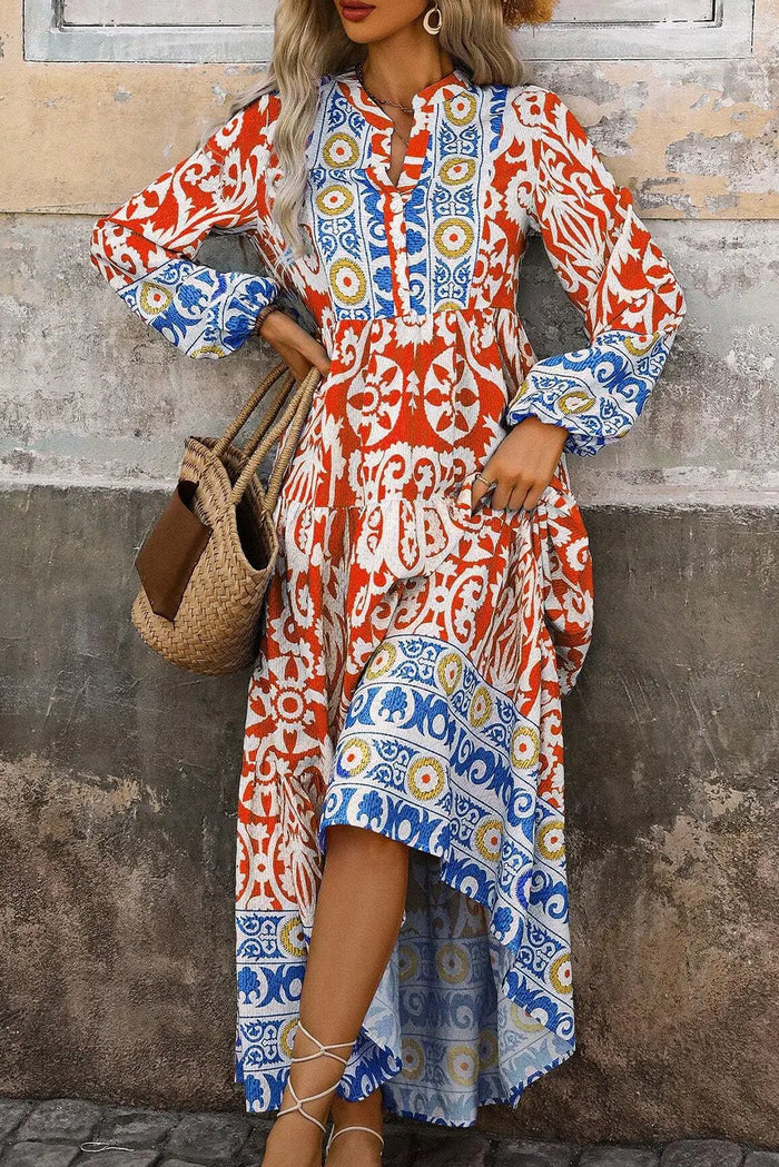 Shop Orange Boho Geometric Printed Long Sleeve Maxi Dress at eAura