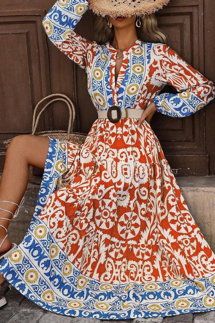 Shop Orange Boho Geometric Printed Long Sleeve Maxi Dress at eAura