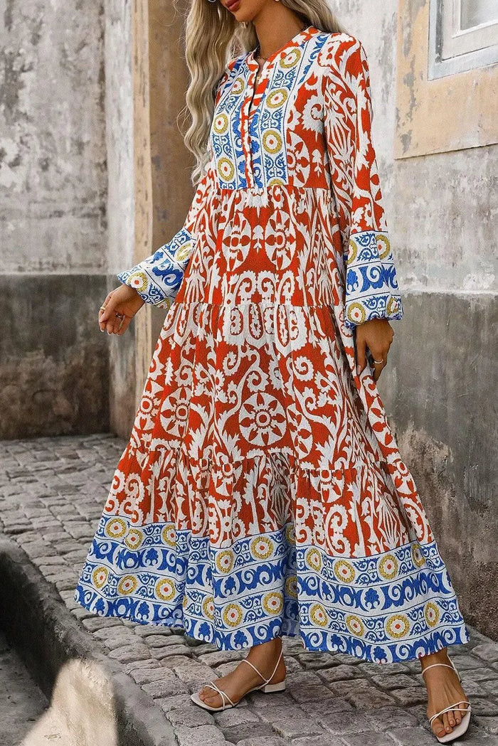 Shop Orange Boho Geometric Printed Long Sleeve Maxi Dress at eAura