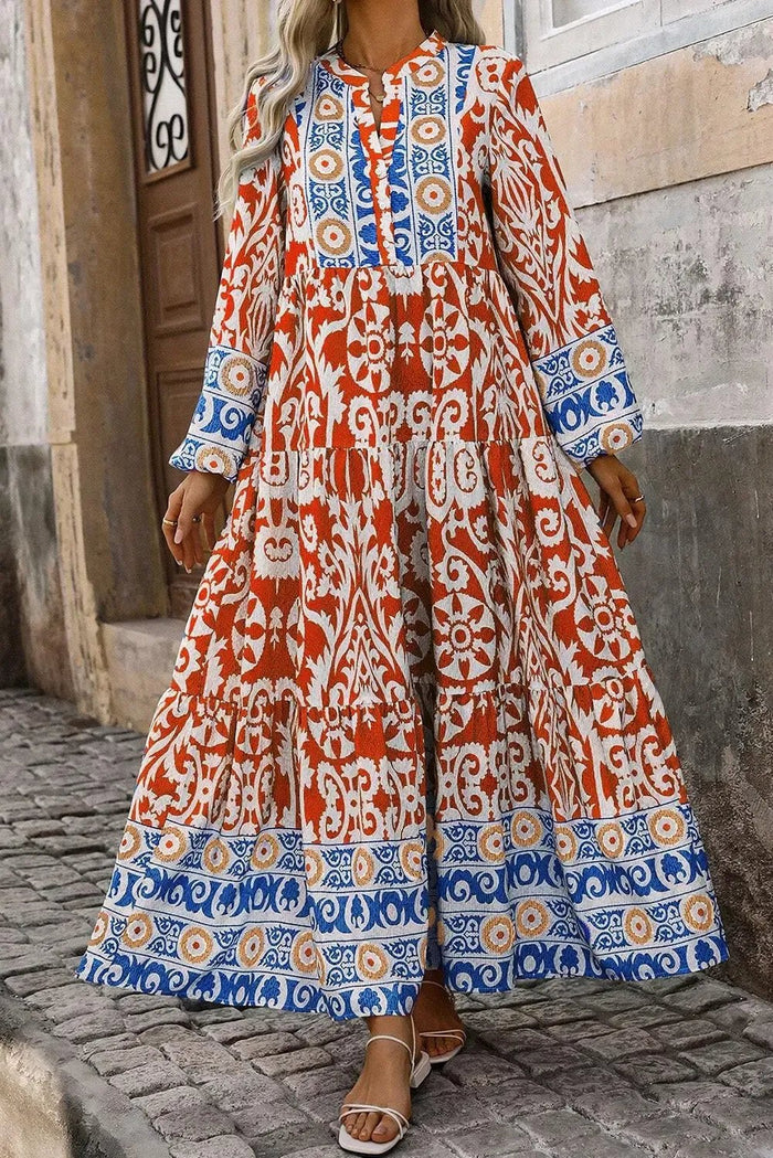 Shop Orange Boho Geometric Printed Long Sleeve Maxi Dress at eAura
