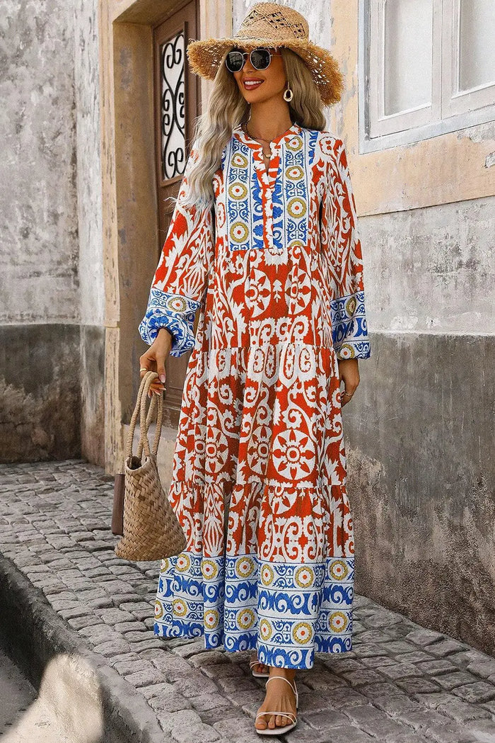 Shop Orange Boho Geometric Printed Long Sleeve Maxi Dress at eAura