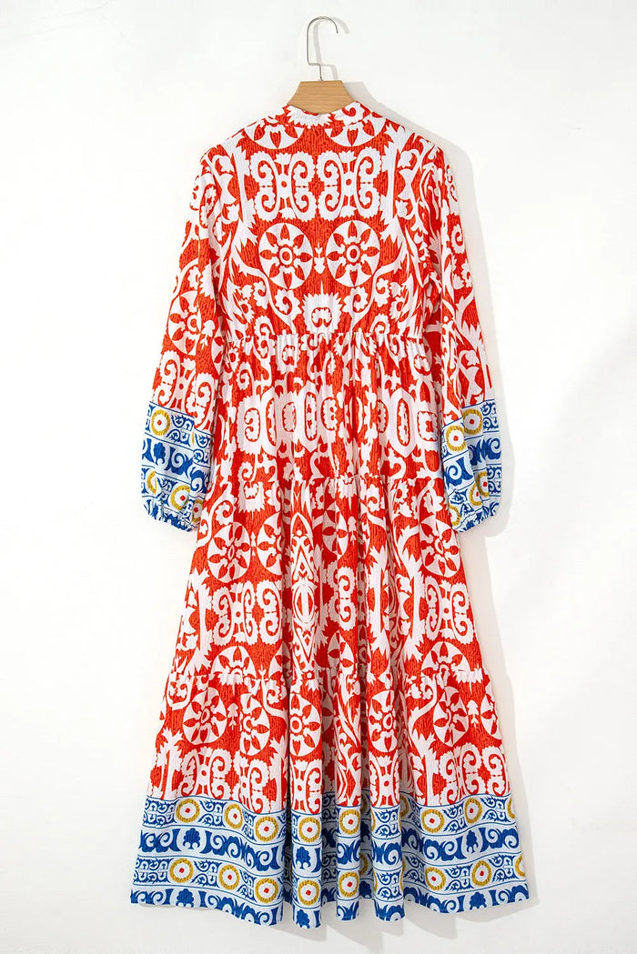 Shop Orange Boho Geometric Printed Long Sleeve Maxi Dress at eAura