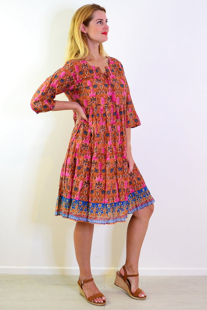 Orange pink Rebecca tie-neck tunic dress by One Summer, featuring a flowy design and stylish tie neckline.