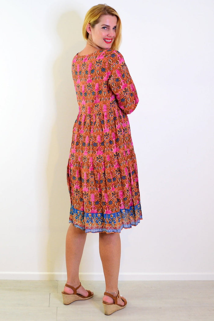 Orange and pink Rebecca tie-neck tunic dress by One Summer, featuring a flowy silhouette and stylish design.