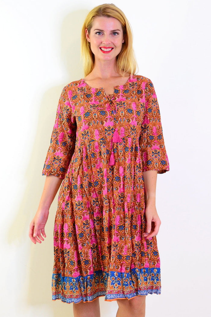 Orange and pink Rebecca tie-neck tunic dress by One Summer, featuring a relaxed fit and stylish tie closure at the neckline.