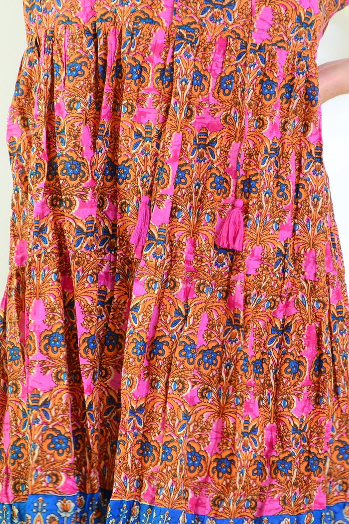 Orange and pink Rebecca tie neck tunic dress by One Summer, featuring a flowing design and tie detail at the neckline.