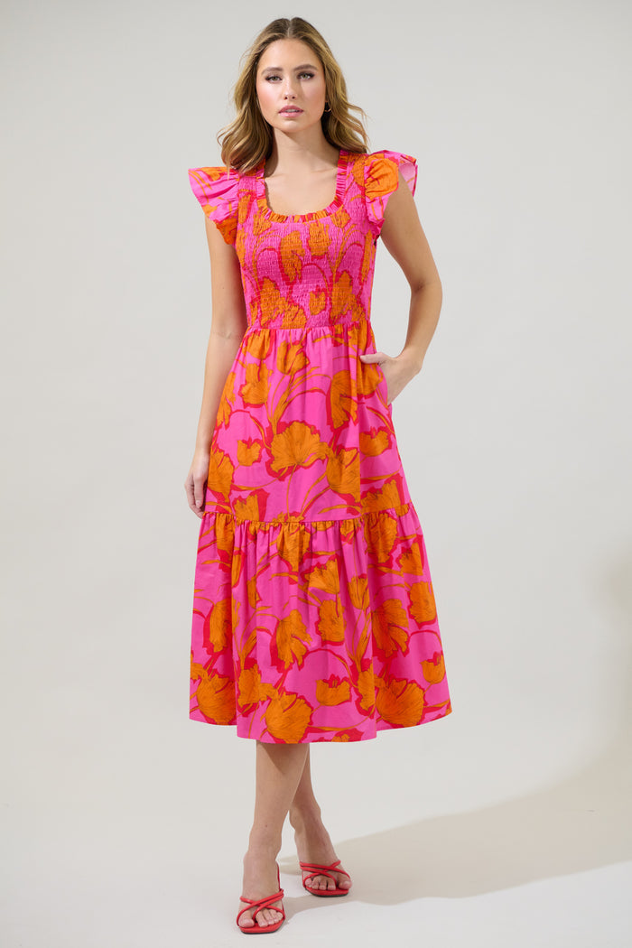 Passion Punch Giza Glare Smock Tiered Midi Dress
