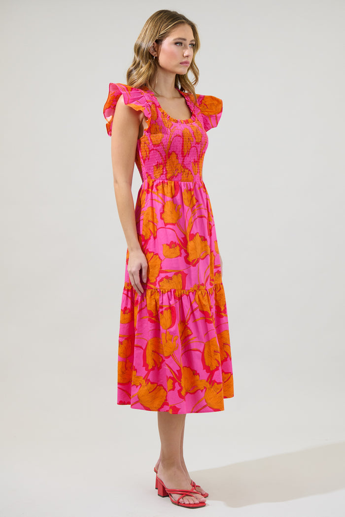 Passion Punch Giza Glare Smock Tiered Midi Dress
