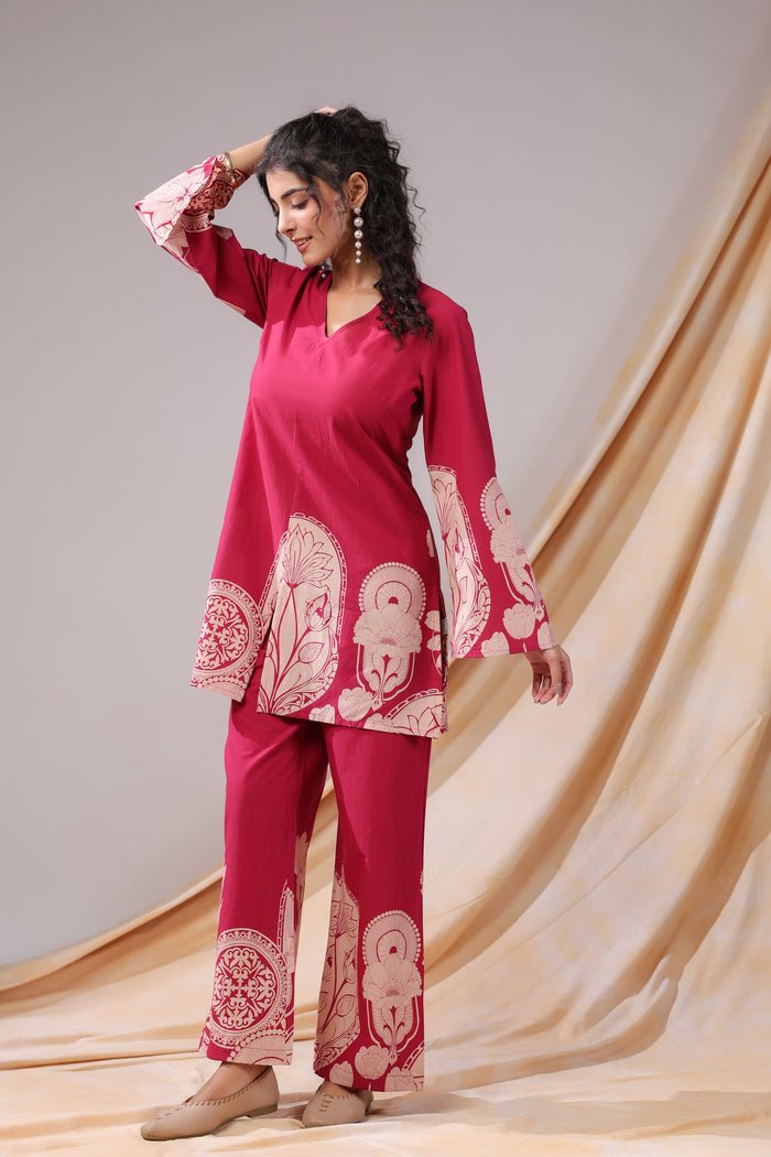 Pink Floral & Geometric Motifs Printed Cotton Co-ord Set