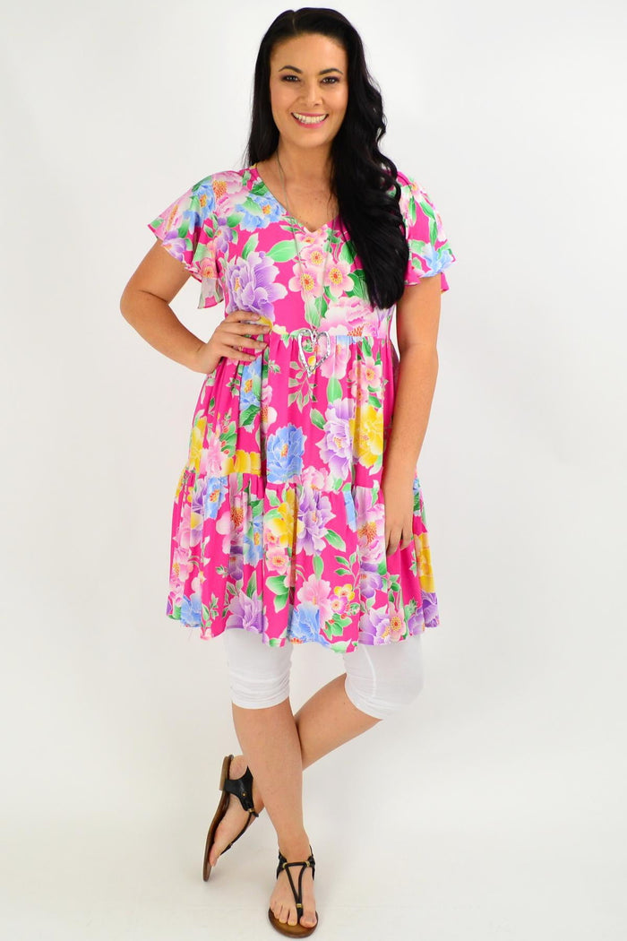 Pink Oriental Flower Garden Tunic Dress by Blue Soul featuring floral patterns and lightweight fabric, perfect for casual wear.