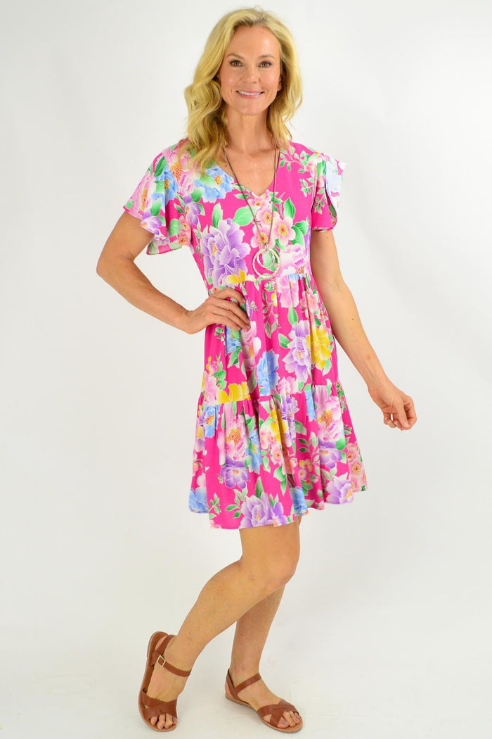 Pink Oriental Flower Garden Tunic Dress by Blue Soul featuring floral print and flowing fabric, perfect for casual and summer wear.