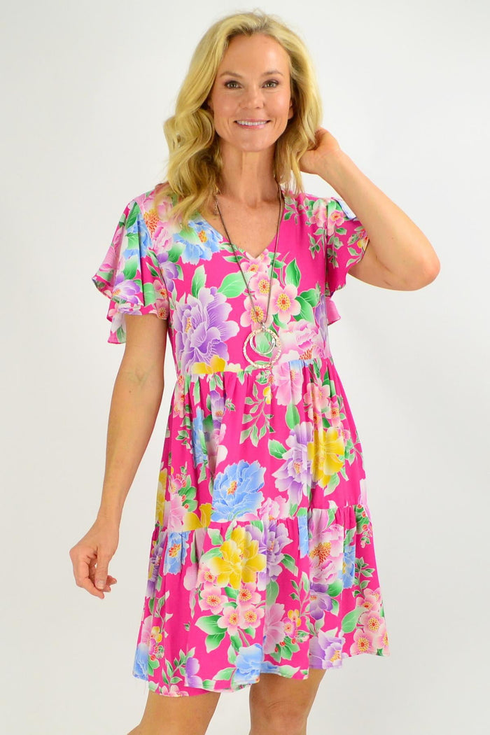 Pink Oriental Flower Garden Tunic Dress by Blue Soul featuring floral patterns and a relaxed fit, perfect for casual wear.